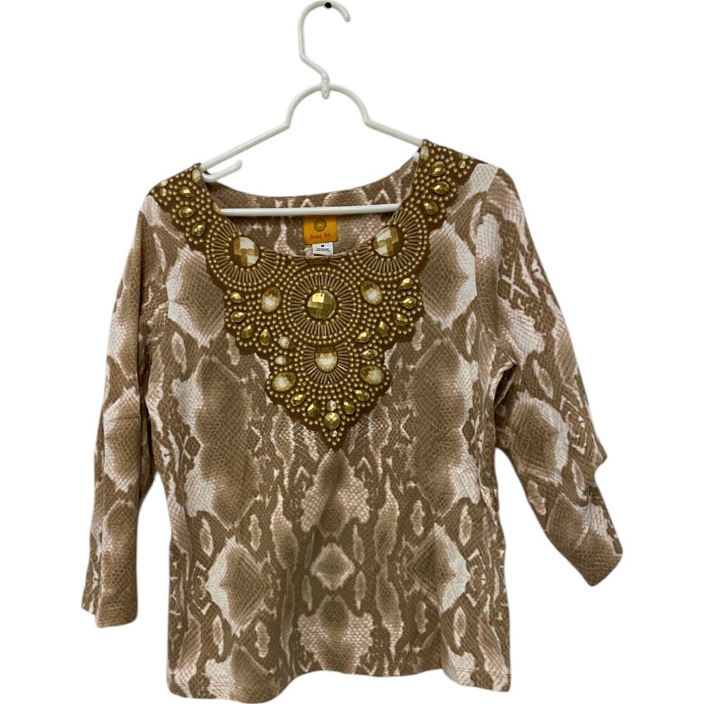 Ruby Rd Tops Womens M Stretch Blouse Snake Print Brown White Beaded 3/4 Sleeve